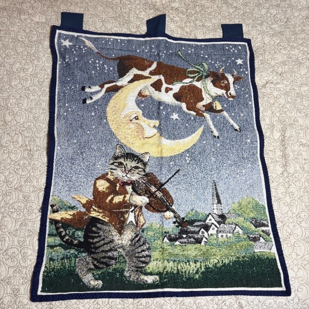 Vintage The Rug Barn Cow Jumped Over the Moon Tapestry Wall Hanging 90s Folk Art